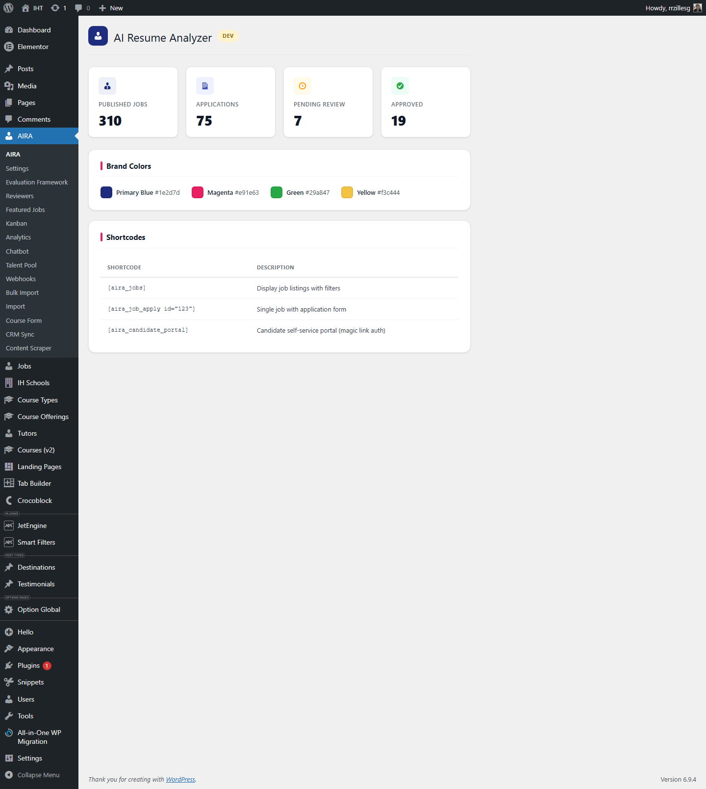 AIRA main dashboard with quickstats and recent activity