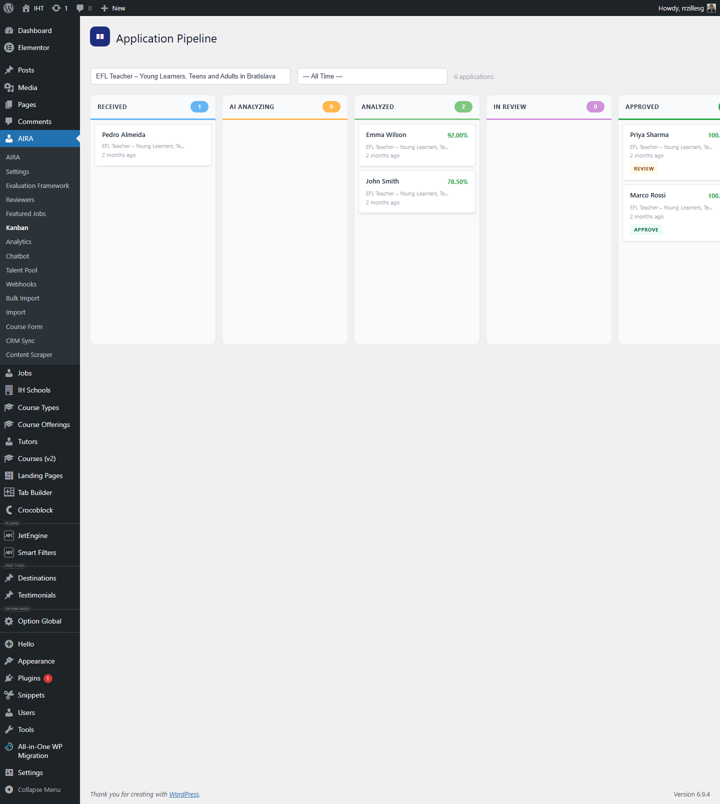 Kanban pipeline populated with candidates in various stages