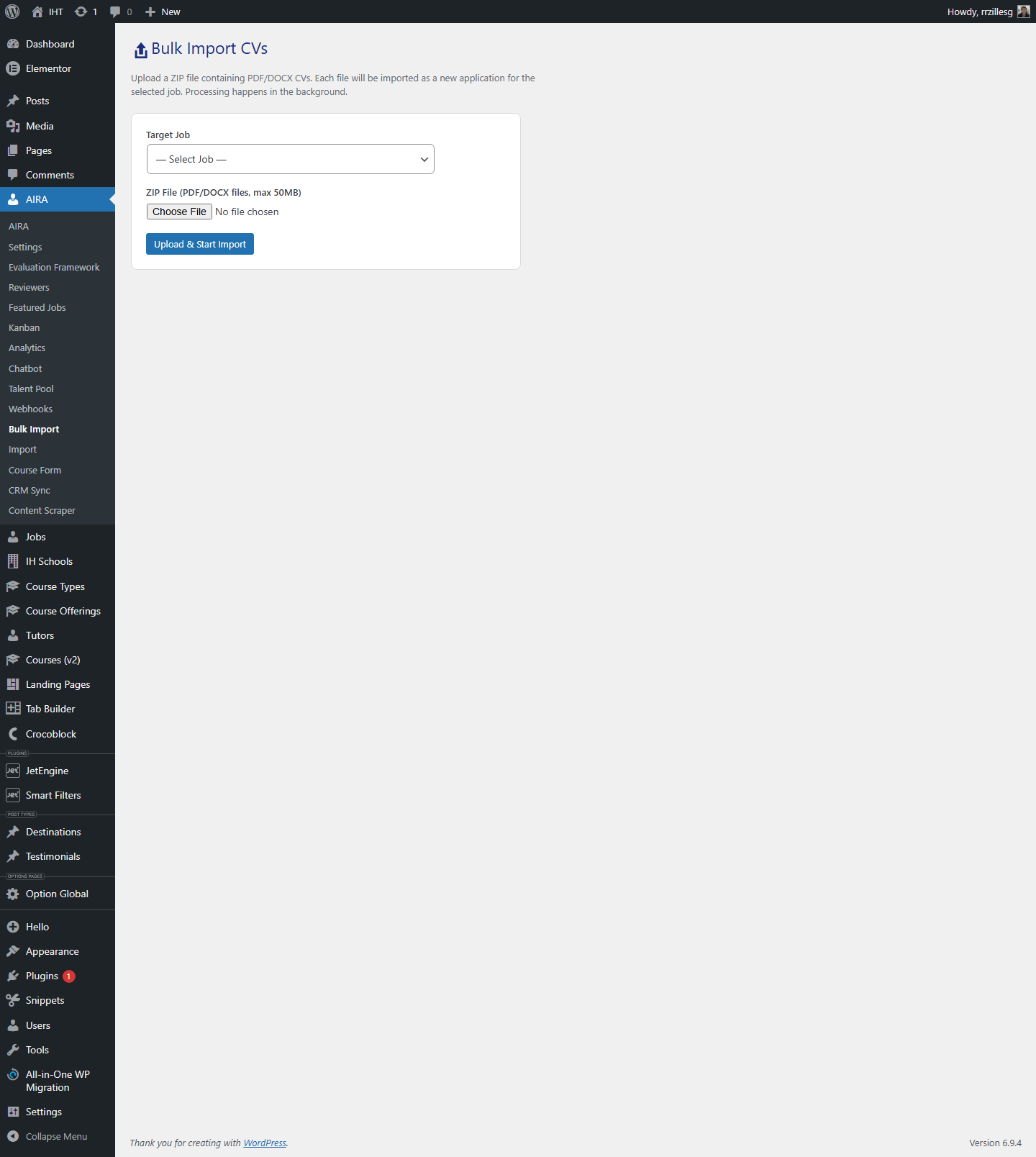 Bulk Import via upload de ZIP com múltiplos CVs